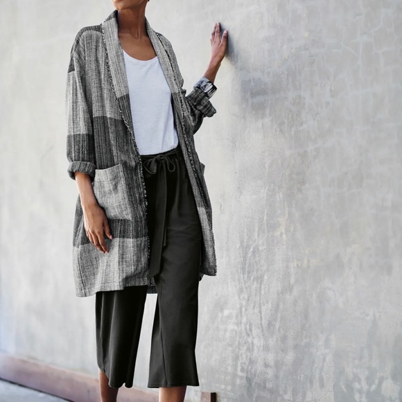 Eileen Fisher Hazy Blocks Shawl Collar Long Jacket - Picture 14 of 15
